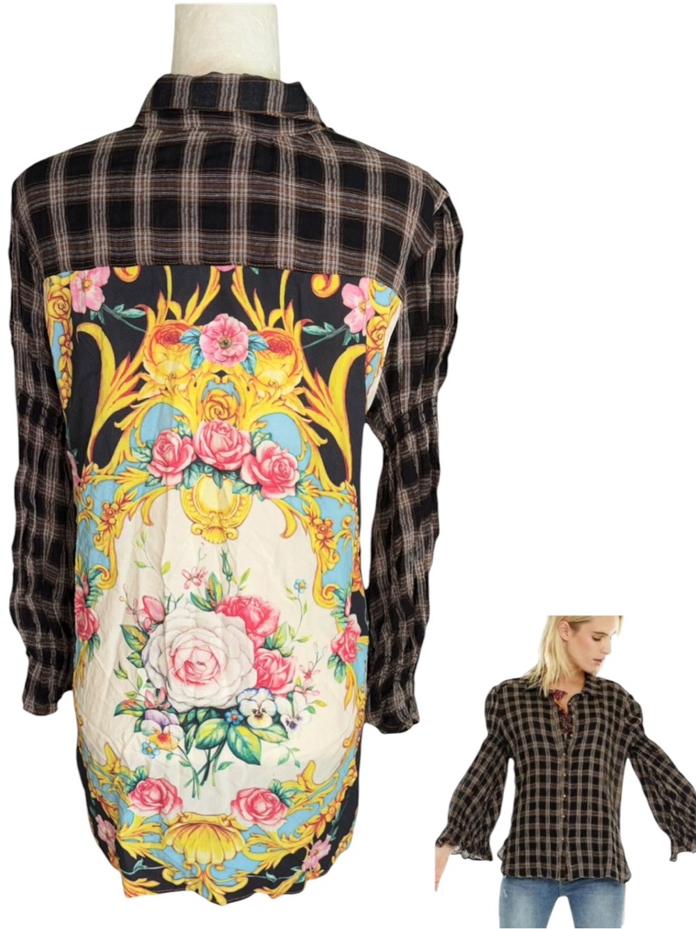 Anthropologie Aratta Silent Journey Pretty Woman Plaid & Floral Print Shirt - M